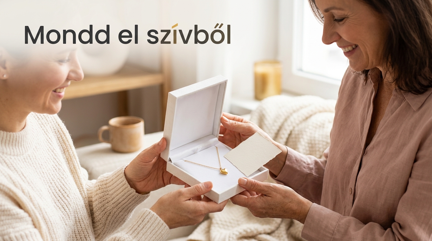 Szívmedálos nyaklánc átadása díszdobozban, személyes üzenetkártyával