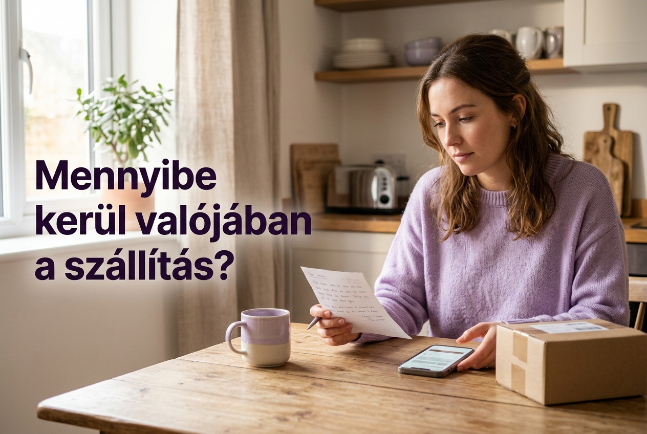 Vásárló a szállítás feltételeit mérlegeli egy csomag és telefon mellett