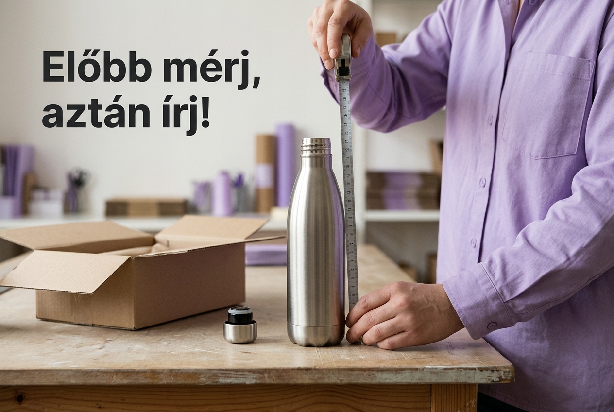 Kulacs magasságának ellenőrzése mérőszalaggal egy webshop csomagolóasztalán