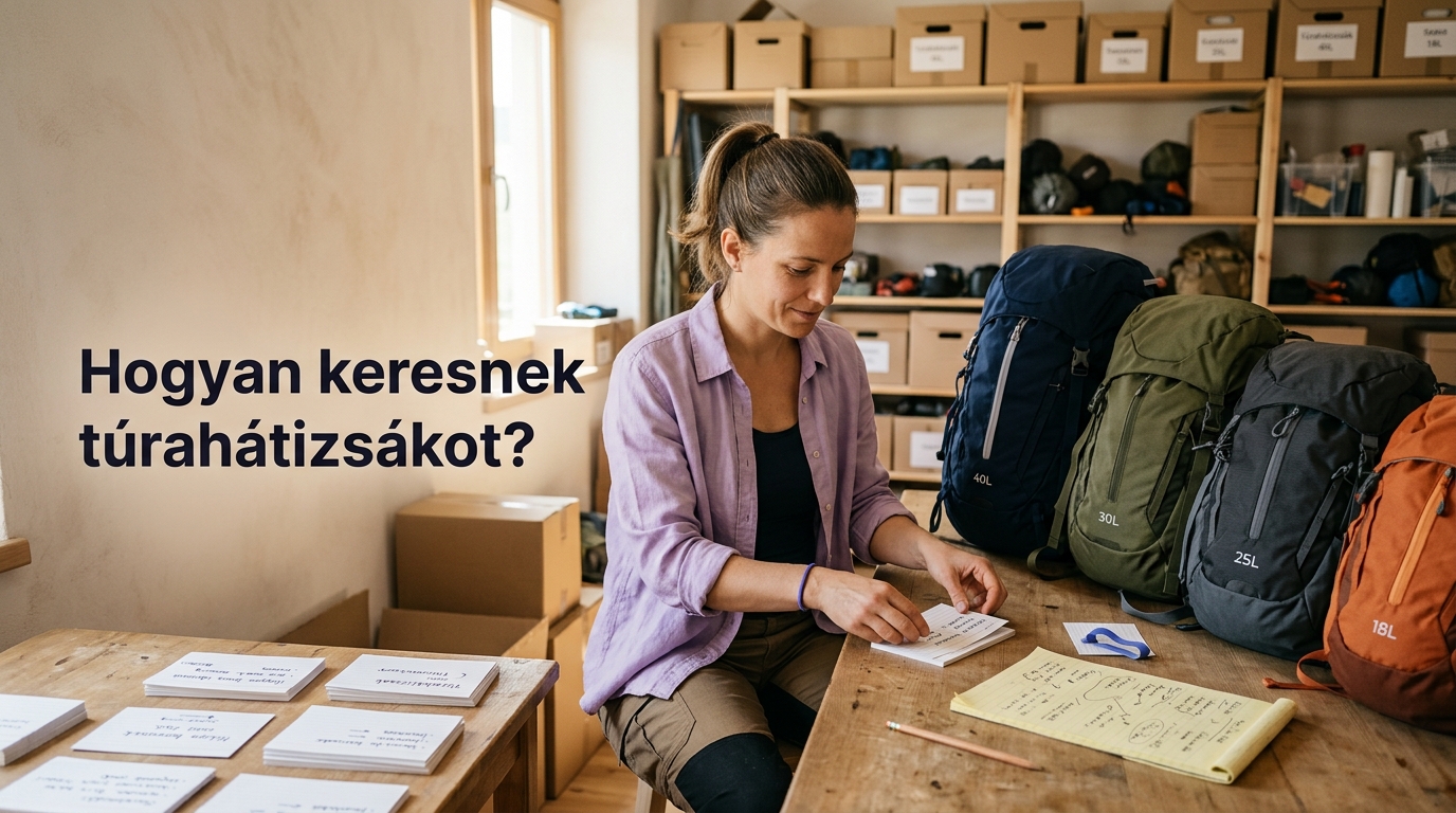 Túrahátizsákok és csoportosított jegyzetlapok egy webshop kulcsszókutatásának tervezése közben