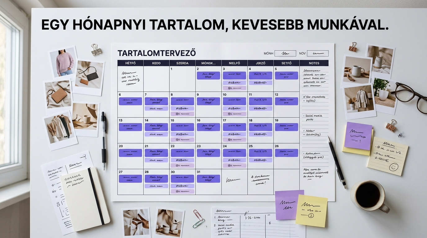 Havi tartalomnaptár termékfotókkal és színesen jelölt tartalmi blokkokkal