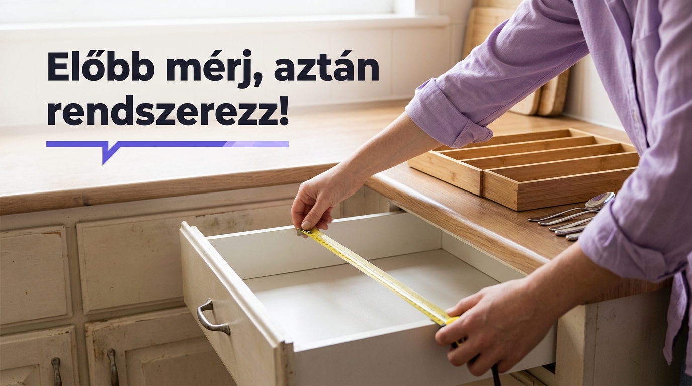 Konyhafiók belső méretének ellenőrzése mérőszalaggal, mellette fa rendszerezőtálcák