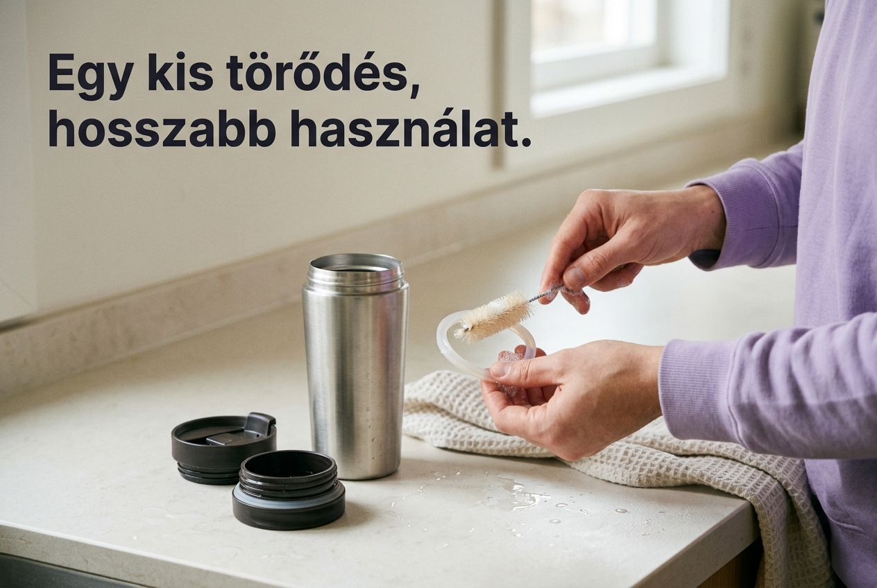 Utazóbögre fedelének tisztítása puha kefével egy otthoni konyhában