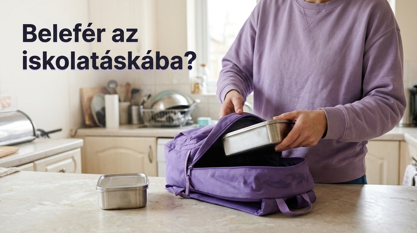 Ételtartó doboz méretének ellenőrzése egy iskolatáskával a konyhában