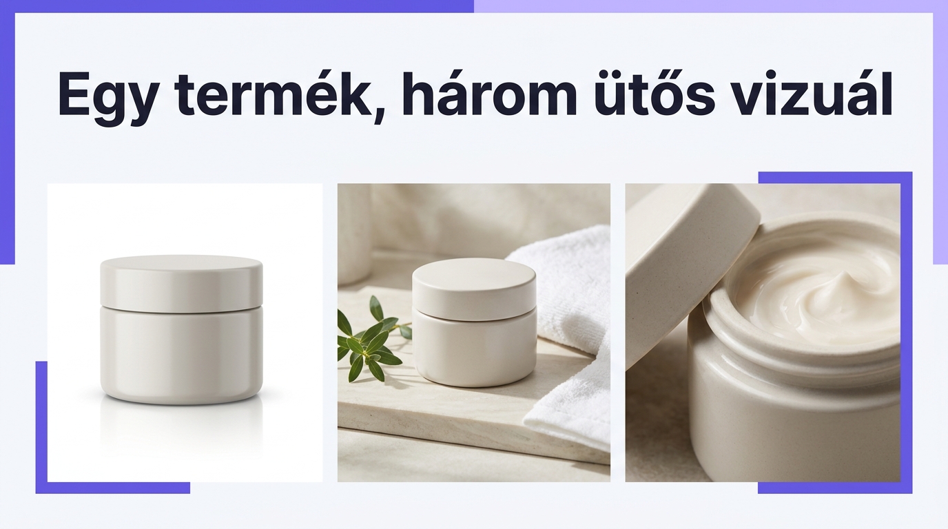Azonos kozmetikai tégely három webshopos képi környezetben