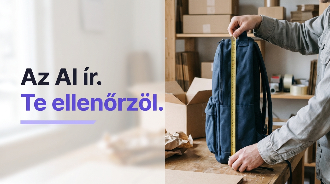 Hátizsák magasságának ellenőrzése mérőszalaggal egy webshop csomagolóasztalán