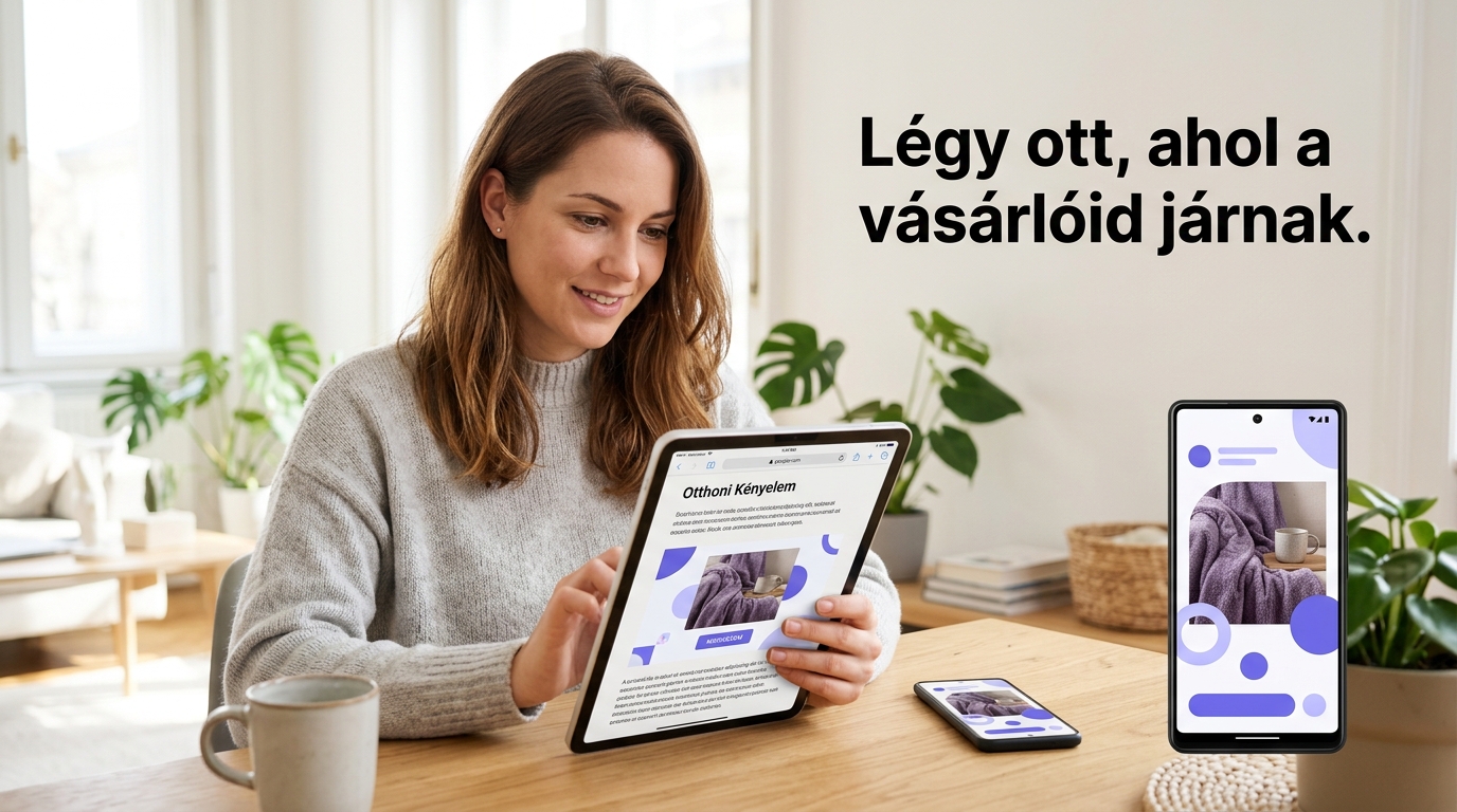 Vásárló, aki több eszközön találkozik egy webshop képes hirdetéseivel