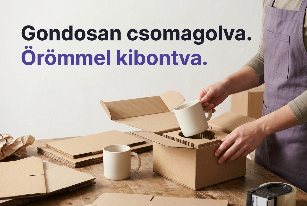 Kerámiabögre csomagolása formára illeszkedő kartonbetétbe egy webshop csomagolóasztalán
