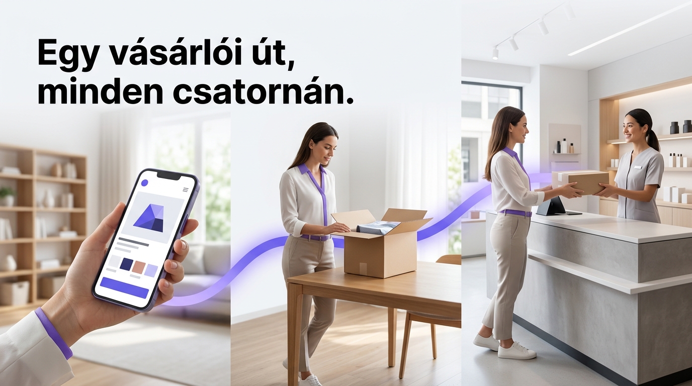 Vásárló okostelefonnal, csomaggal és bolti átvételi ponttal az omnichannel folyamatban